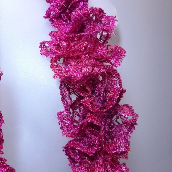 3/$20 Handmade Ruffled Sequin Infinity Scarf Magenta Stretchy Fall Winter - Picture 4 of 11